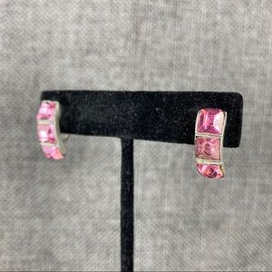 Vintage 3 Pink Crystal Squares Screw Back Earrings